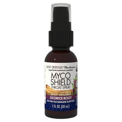 Host Defense MycoShield Throat Spray - Immune Health Support - Dietary Mushroom Supplement with Chaga, Reishi, Turkey Tail & More - On-the-Go Immune Support - Licorice Root, 1 fl oz (71 Servings)