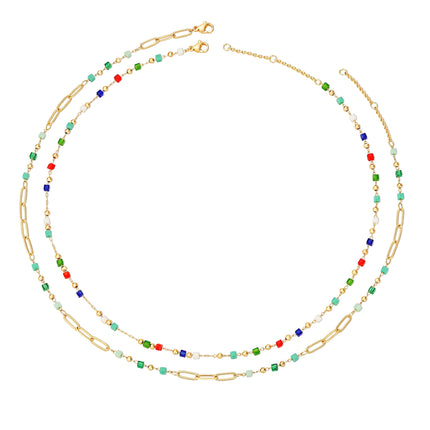 MTMY Beaded Necklaces for Women 14K Gold Plated Dainty Colorful Green/Rose Beaded Pearl Choker Necklace Delicate Boho Jewelry Gift (Layer-mix color)
