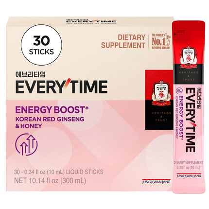 JUNG KWAN JANG Everytime Energy Boost Korean Red Ginseng Extract Stick 1,000mg & Honey - Vegan Ginseng Energy Drink Liquid Stick Supplements - Builds Stamina & Immunity No Caffeine (30 Sticks)