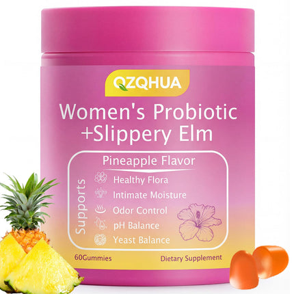QZQHUA Women's Probiotics Gummies with Slippery Elm – Vaginal Health, Gut Health & pH Balance Support, Pineapple Flavor – Gluten Free, Vegan (30 Servings)（Q2）