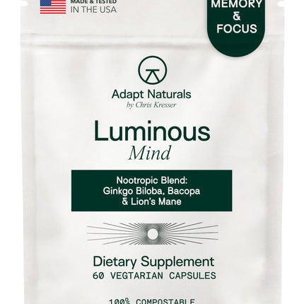 Adapt Naturals Luminous Mind Nootropic Brain Supplement with Ginkgo Biloba, Bacopa and Lions Mane | Memory, Focus, Mental Clarity and Elevated Mood Support | No Caffeine, Crash Free - 30 Days Supply