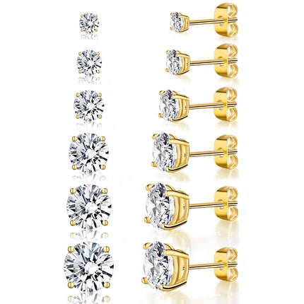Gemsme 6 Pairs Cubic Zirconia Stud Earrings for Women/Men - Round Cut 4 Prong Settings 18K Gold Plated Hypoallergenic 3-8mm Clear Earrings Set - Gold