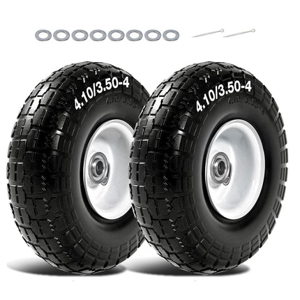 QILINGLORY 4.10/3.50-4 Flat Free Tire and Wheel, 10" Solid Tire with 5/8" bearing bore, Replacement for Gorilla Cart,Hand Truck, Dolly, Wheelbarrow, 500 lbs Load Capacity (10 Inch, 2-Pack)