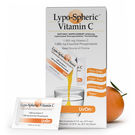 LivOn Laboratories Lypo–Spheric Vitamin C, 1000 mg Vitamin C & 1000 mg Essential Phospholipids Per Packet, Liposome Encapsulated for Improved Absorption, 100% Non–GMO, 1 Carton, 0.2 Fl Oz (Pack of 30)