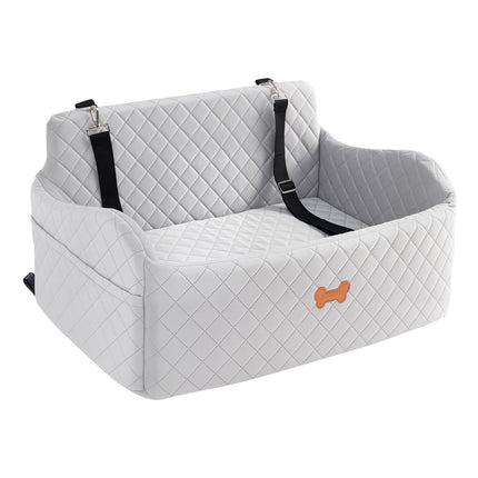 KEELUXE Car Seat for Large Size Dog, Booster Seat for Dogs Under 55 lbs or 2 Small Dogs, Soft Car Dog Bed Filling in Thick Memory Foam with 2 Safety Leashes and Storage Pocket (Grey)
