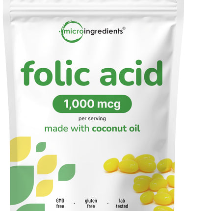 Folic Acid 1,000 mcg, 500 Coconut Oil Softgels (1mg) | Essential Prenatal Vitamins (Vitamin B9) | 1,667 mcg DFE | Third Party Tested, No Artificial Colors or Flavors | Non-GMO, Gluten Free