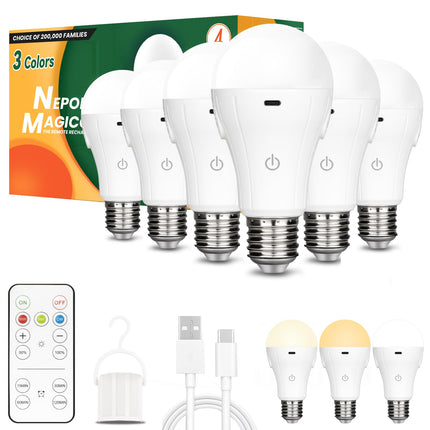 Neporal MagicGlow Rechargeable Light Bulbs with Remote, 3 Colors Shift + Stepless Dimmable Battery Light Bulbs, USB Rechargeable, A19, Up to 24 Hours