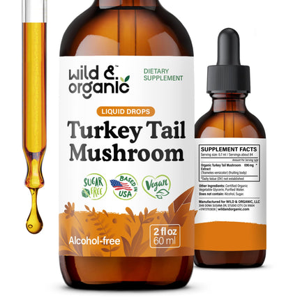 Wild & Organic Turkey Tail Tincture - Immune & Gut Support - Turkey Tail Mushroom Extract Drops - Vegan, Sugar & Alcohol-Free Liquid Supplement - 2 fl oz