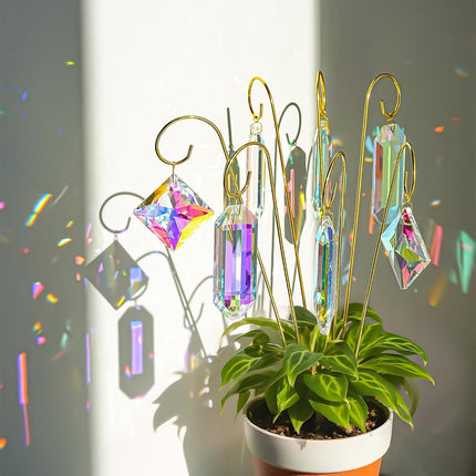 7 Pcs AB Colored Crystal Suncatcher Small Trellis Golden Plant Potted Stake