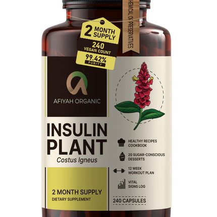 Afiyah Organic - Premium Quality Costus Igneus (Insulin Plant) Capsules - Easy to Swallow 240 Veggie Capsules (2 Month Supply) - Made in the USA - Including Complete Health Support Program