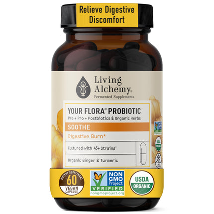 Your Flora Probiotic Soothe – Non-GMO Probiotics with Fermented Soybean, Ginger, & Turmeric for Gut Balance, Digestion, & Support – Prebiotics, Postbiotics, Digestive Enzymes – Living Alchemy, 60 Pcs