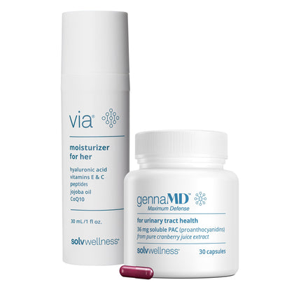 Solv Wellness Women’s Pelvic Health Bundle - GennaMD Cranberry Juice Extract 36 mg Soluble PAC, 30 Capsules - Via Vaginal Moisturizer, Hyaluronic Acid, Water-Based, Non-Hormonal 30 mL