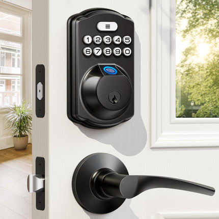 Veise Fingerprint Door Lock with 2 Lever Handles - Keyless Entry Door Lock, Electronic Keypad Deadbolt, Digital Smart Code & Front Handle Sets, Auto-Locking, Easy Installation, Matte Black