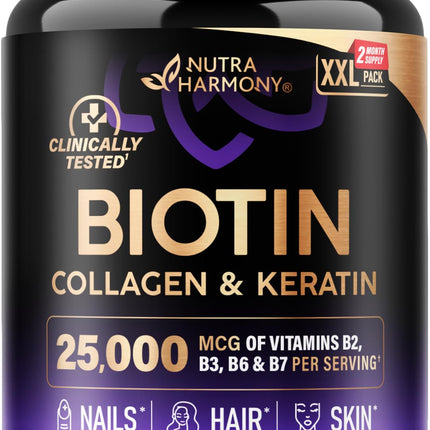 Biotin | Collagen | Hyaluronic Acid | Keratin - Support Normal Hair Growth Cycle, Skin & Nails - Clinically Tested - 25000mcg Vitamins B1, B2, B3, B6 & B7 - for Women & Men - Made in USA, 120 Capsules