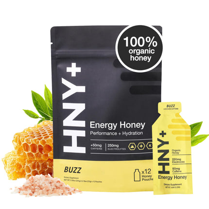 HNY+ Buzz Organic Honey Energy Gel with Electrolytes, Magnesium, Sea Salt, Potassium & Green Tea Caffeine, Workout Gels for Gym, Running & Hiking, Gluten Free, 50mg Caffeine, 12 Pack