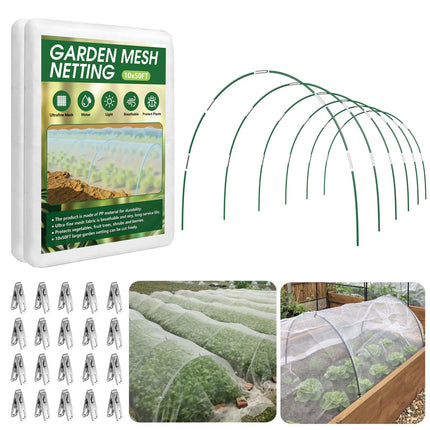 Garden Netting Kit for Raised Beds, 10x50FT Ultra Fine Mesh Netting＆ 6 Sets of 8FT Fiberglass Garden Hoops, Row Cover Insect Netting for Vegetable Plant Fruit Flowers Protection
