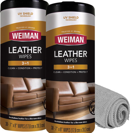 Weiman Leather Cleaner & Conditioner - Cleans, Restores & Protects Leather, UV Protection Prevent Cracking & Fading, For Car Seats, Sofas, Shoes, Bags & All Finished Leather Surfaces, 2 Pack, 60 Wipes
