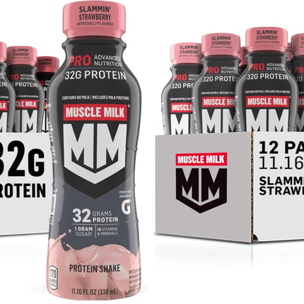 Muscle Milk Pro Advanced Nutrition Protein Shake, Slammin' Strawberry, 11.16 Fl Oz, 32g Protein, 1g Sugar, 16 Vitamins & Minerals, 5g Fiber, Bottled Liquid, Gluten Free, (Pack of 24)
