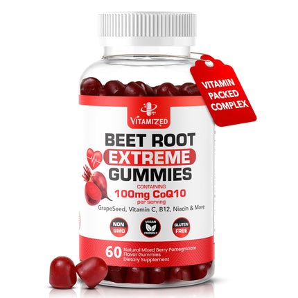 VITAMIZED Extreme Beetroot Formula & COQ10 100mg with Grape Seed Extract, for Circulation Energy & Flow, Beet Root Gummies Extract Gluten Free 60
