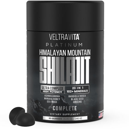 VeltraVita Himalayan Shilajit Gummies, 23-in-1 with Sea Moss, Ashwagandha, Tongkat Ali, Black Seed Oil & Rhodiola Rosea, Lab Tested, 60 Gummies