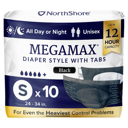 NorthShore MegaMax 12-Hour HBL Adult Diapers for Heavy Bladder Leaks, Small, 10 Count, Black, 24-34 inches, Tab-Style Incontinence Underwear for Men, Women & Teens