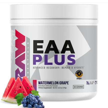 RAW EAA Plus, Amino Acids Powder, Watermelon Grape (30 Servings) - Pre Workout Amino Energy Powder for Advanced Endurance, Recovery & Lean Muscle Growth - BCAA Amino Acids Supplement for Men & Women