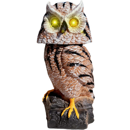 Owlsome Solar Tiger Owl with Flashing Eyes, Rotating Head, Hoot Sound, Motion Detector and Silent Mode, Plastic Owl Garden Sculpture, Garden Decoration