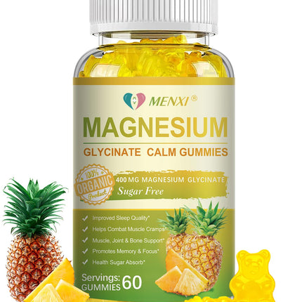 Magnesium Glycinate Gummies 400mg, Sugar Free Magnesium Taurate, Malate Supplement with Vitamin D, B6, CoQ10 for Relaxation, Stress Relief, Muscle, Bone & Sleep Support- 60 Pineapple Gummies