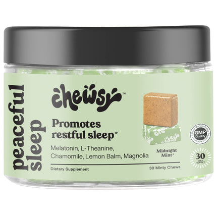 Chewsy Peaceful Sleep Chews, Sleep Support, 3 mg Melatonin, 200 MGS L-Theanine, Chamomile, Lemon Balm, Magnolia, Nighttime Sleep Aid, Naturally Minty Chews, Promotes restful Sleep, 30-Day Supply (1)