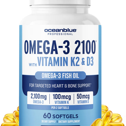 Oceanblue Professional Omega-3 2100 with Vitamin K2 and Vitamin D3-60 Count - Triple Strength Burpless Fish Oil Omega-3 Supplement with EPA, DHA & DPA - Wild Caught - Orange Flavor, 30 Servings