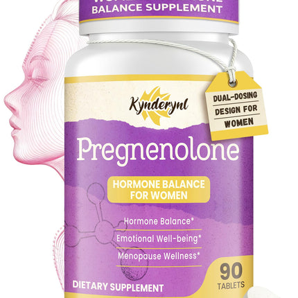 Kynderynl Pregnenolone with Ashwagandha for Women, Pregnenolone 100mg (2 Tablets) or 50mg (1 Tablet) Dose, 8-in-1 Formula with DHEA, Black Cohosh, Dual-Dosing, Vegan, Gluten Free, 90 Chewable Tablets