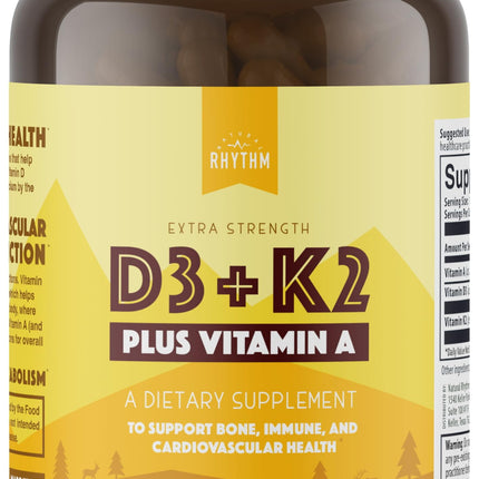Natural Rhythm Vitamin D3 5000 IU + K2 MK-7 Plus Vitamin A – Bone & Immune Support Supplement, Supports Calcium Absorption & Cardiovascular Function, Vegetarian Capsules (30 Count)