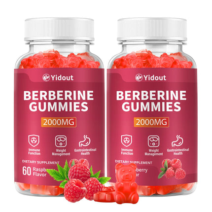 Yidout Berberine Gummies 2000mg-Natural High Potency Berberine HCL Supplement - Immune System & Metabolism Support - Vegan, Non-GMO - Delicious Raspberry Flavor (60 Count（Pack of 2）)