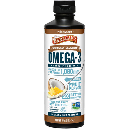 Barlean's Omega 3 Fish Oil Liquid Supplement for Men and Women, 1080mg of EPA and DHA Fatty Acid, Promotes Brain & Heart Health - Non-GMO, Pina Colada, 16 oz
