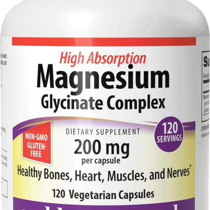 Webber Naturals Magnesium Glycinate Complex 200mg, 120 Vegetarian Capsules, High Absorption Formula, Supports Bones, Heart, Muscles & Nerves, One-per-Day Magnesium Complex, Vegan