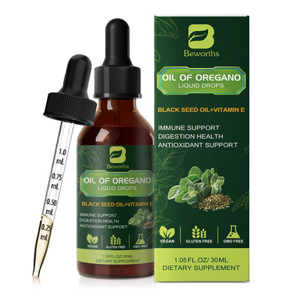 Oregano Oil Drops, Oil of Oregano with Black Seed Oil, Vitamin E, 80% Carvacrol Oregano Supplement Herbal Blend for Immune & Antioxidant Support, Digestive, Overall Health | Vegan | Non-GMO | 1 Fl Oz