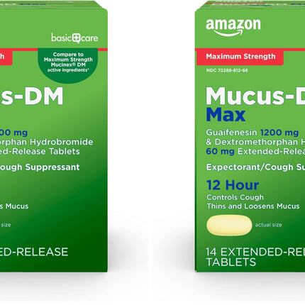 Amazon Basic Care Maximum Strength Mucus DM, Expectorant and Cough Suppressant, Chest Congestion Relief, 12 Hour, 14 Tablets (Pack of 2)