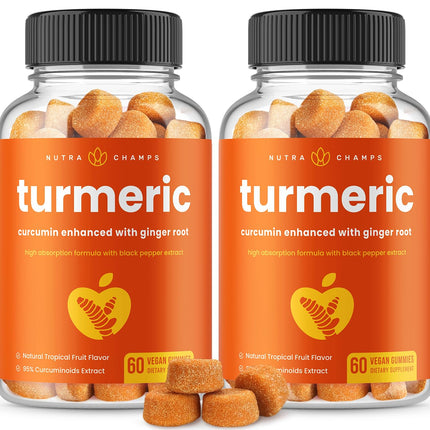 Turmeric Gummies for Adults & Kids with Ginger & Black Pepper Extract | 95% Curcuminoids | Vegan Natural Curcumin Joint Support | 120 Tumeric Gummy Supplements (2-Pack)