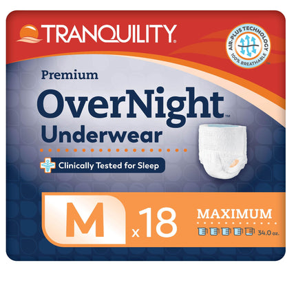 Tranquility Premium Overnight Disposable Absorbent Underwear (18 Count) - M, 34-48 in. Waist - Maximum Absorbency, All-Night Sleep, Breathable Comfort, Adult Diapers