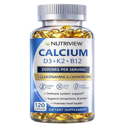 NutriView Calcium 2000mg with D3 & K2 - High Absorption Bone Health Supplement for Women, Non-GMO, 120 Softgels（1Pc）
