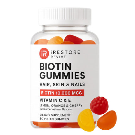 iRestore Biotin Gummies 10,000 mcg - 3 Natural Fruit Flavors, Hair Vitamins Multi Supplement for Hair Skin and Nails for Women & Men, 60 Vegan Gummies, 30 Day Supply