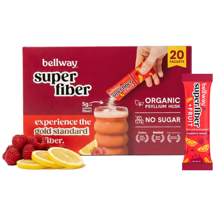 Bellway Super Fiber Packets + Fruit, Sugar Free Organic Psyllium Husk Powder Fiber Supplement to Go for Regularity, Bloating Relief & Digestive Health, Plant-Based, Raspberry Lemon (20 Packets)