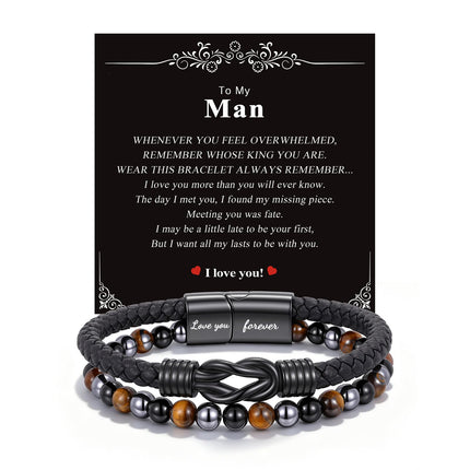 Crystal Infinity Cuff Bracelet Gifts for Men Him-Triple Protection Hematite Black Obsidian Tiger Eye Gemstone Beaded Leather Cuff Bracelets Lettering Love You Forever Healing Gifts for Husband Father's Day