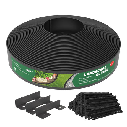Mars Villa Landscape Edging, 4‘’ Tall 100FT Garden Border Edging Kit with 99 Anchoring Spikes, Decorative Flexible Lawn Edging Cover 75㎡ for Lawn, Yard, Flower Bed (Black, 4IN, 100FT)