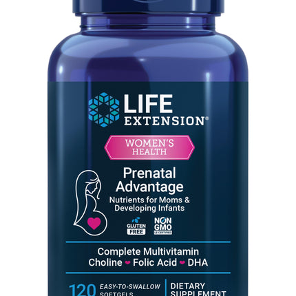 Life Extension Prenatal Advantage, Women’s multivitamin, Baby Support, folic Acid, Choline, omega-3s, Vitamin C, D3, B1, B6, B12, zinc, niacin, Gluten Free, Non-GMO, 120 softgels