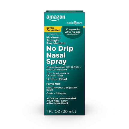 Amazon Basic Care No Drip Severe 12 Hour Nasal Decongestant Pump Mist, Maximum Strength Plus Menthol, Allergy Relief, 1 fl oz (Pack of 1)