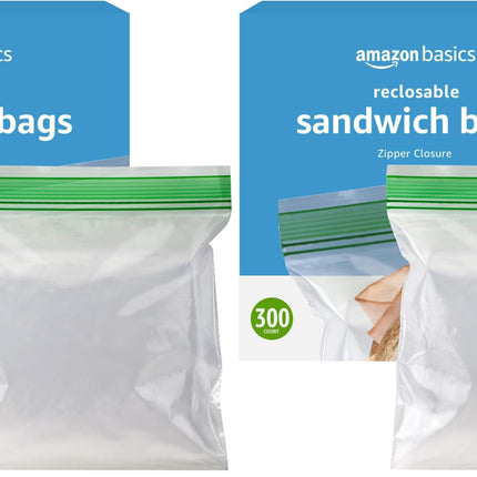 Amazon Basics Resealable Double Zipper Sandwich Storage Bags for Food Storage, 300 Count (Previously Solimo) (Pack of 2)