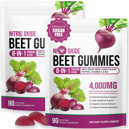 ECHTEYUN Super Beetroot Gummies, 8 in 1 Beet Root 4,000mg with Grape Seed Extract & CoQ10, Sugar Free - 90 Count (2)