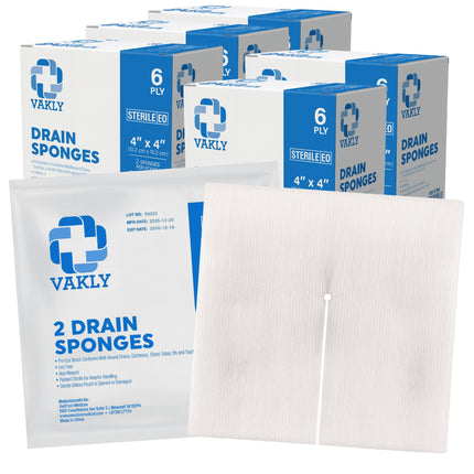 Vakly Sterile Split Drain Sponge Gauze 4x4 6-Ply, Non-Woven, 250 Count