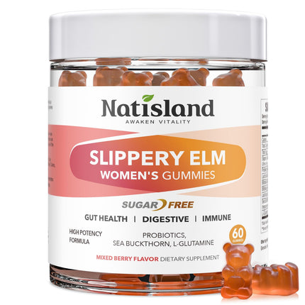 Slippery Elm for Women Gummies, Organic Slippery Elm Bark Extract with Probiotics, Sea Buckthorn, L-Glutamine for Gut & Digestive Health, Throat & Respiratory Support, Sugar Free, Vegan, 60 Gummies